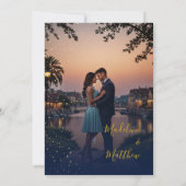 夕べスカイアストラル金ゴールドスターズフォトブルー結婚ズ 招待状 (裏面)