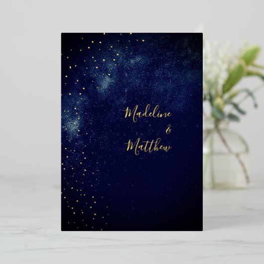 夕べスカイアストラル金ゴールドスターズブルー結婚ズ 箔招待状 (立ち正面)