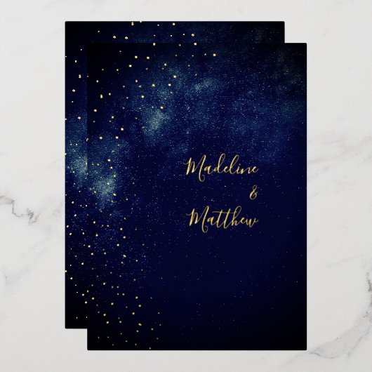 夕べスカイアストラル金ゴールドスターズブルー結婚ズ 箔招待状 (正面/裏面)