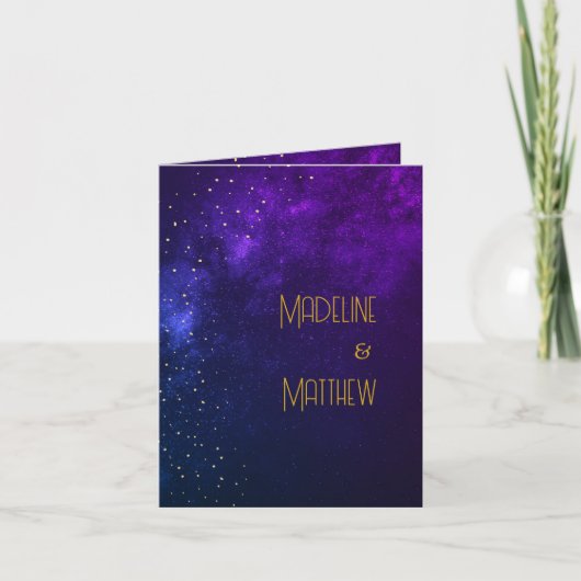 夕べスカイアストラル金ゴールドスターフォトパープル結婚ズ 招待状 (正面)
