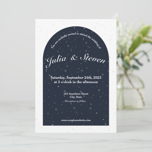 夕べスターライトネイビーブルーアーチ&スターズ結婚ズ 招待状 (スタンド正面)