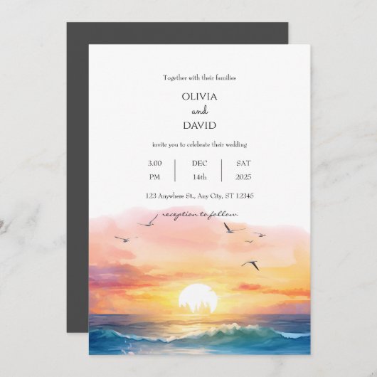 夕べビーチサンセットシーナリーウォーター結婚カラー 招待状 (正面/裏面)