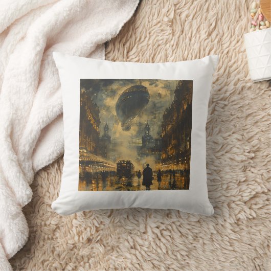 夕べ到着 – スティームパンク通りシーン クッション (ブランケット)