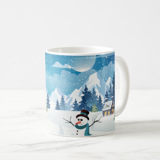 夕べ村の冬の風景で雪が覆われた コーヒーマグカップ (正面右)