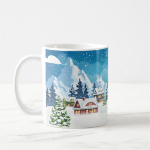 夕べ村の冬の風景で雪が覆われた コーヒーマグカップ