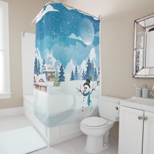 夕べ村の冬の風景で雪が覆われた シャワーカーテン (インサイチュ)