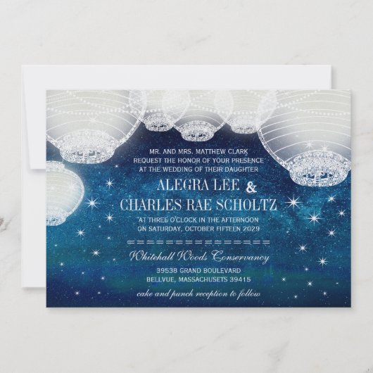 夕べ結婚の海軍紙ランタンが星の下 招待状 (正面)