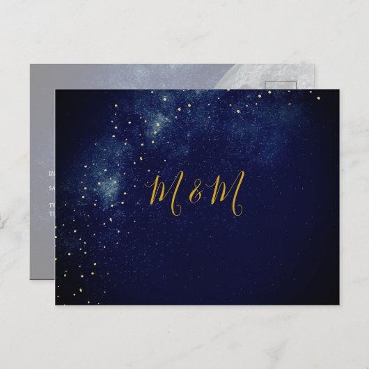夕べ金ゴールドスターズブルーアストラル結婚式招待状 ポストカード (正面/裏面)