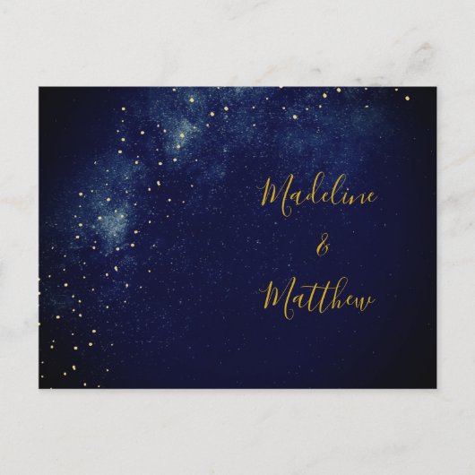 夕べ金ゴールドスターズブルーアストラル結婚式招待状 ポストカード (正面)
