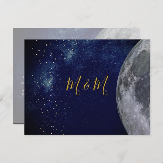 夕べ金ゴールドムーンスターズ結婚式招待状 ポストカード (正面/裏面)
