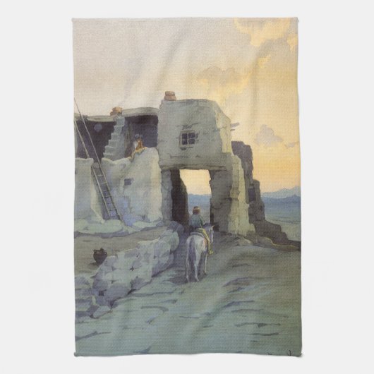 夕べ、Pueblo of Walpi by Marion Kavagh Wachtel キッチンタオル (縦)