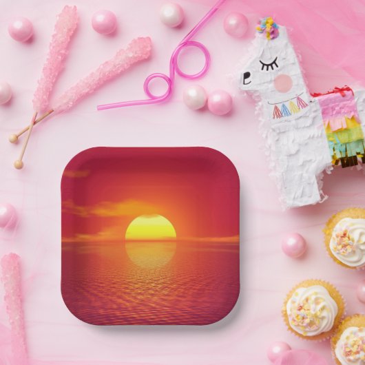 夕日がオレンジ海に沈む穏やかな海 ペーパープレート (パーティー)