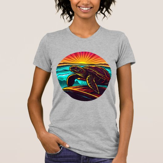 夕日とカメ、自然の美にインスパイアされたデザイン Tシャツ (正面)