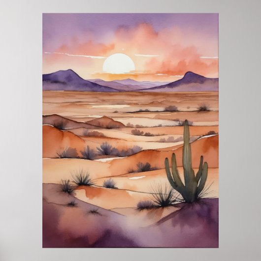 夕日とサボテンの水彩の砂漠の風景 ポスター (正面)