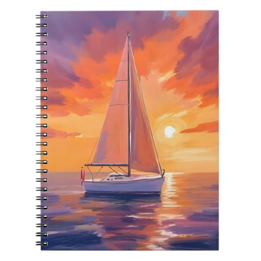 夕日と帆船 | 海岸の海の絵 ノートブック (正面)
