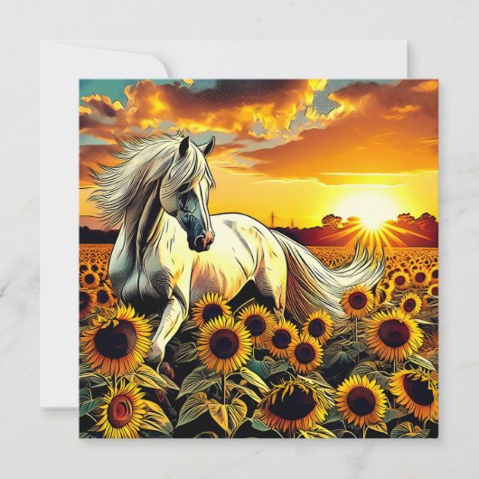 夕日にヒマワリの野に白馬 (正面)