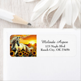 夕日にヒマワリの野に白馬 ラベル