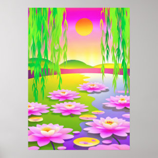 夕日にピンクの睡蓮が咲く穏やかな池 ポスター