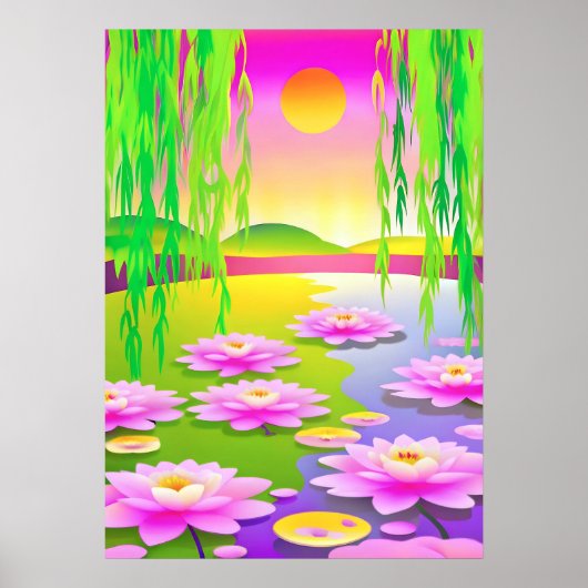 夕日にピンクの睡蓮が咲く穏やかな池 ポスター (正面)