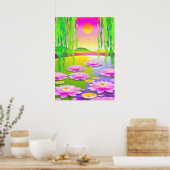 夕日にピンクの睡蓮が咲く穏やかな池 ポスター (キッチン)