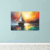 夕日に孤独な帆船と海の岬。 キャンバスプリント (インサイチュ (ウッドフロア))
