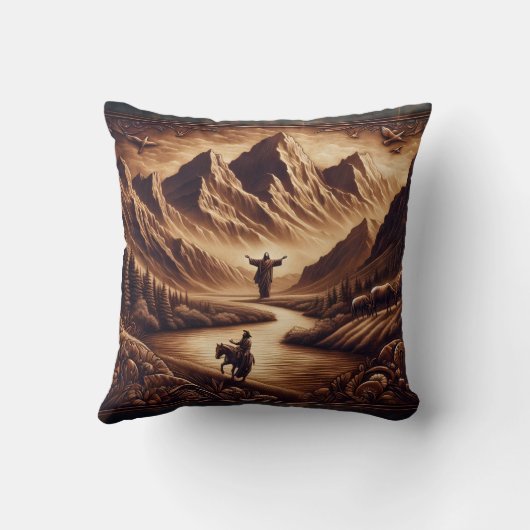 夕日に川のそばの山にイエスが立ち クッション (裏面)