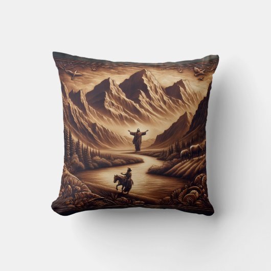 夕日に川のそばの山にイエスが立ち クッション (正面)