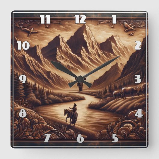 夕日に川のそばの山にイエスが立ち スクエア壁時計 (正面)