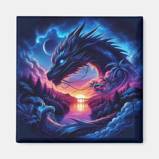 夕日に影を落とすドラゴン鮮やか マグネット (正面)