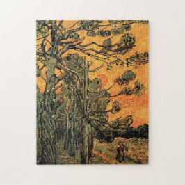 夕日に照らされた赤い空に松の木。 ジグソーパズル