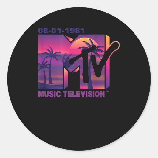 夕日に紫のヤシが入ったMTVロゴ ラウンドシール (正面)