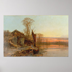 夕日に荒廃したコテージの風景, 1898 ポスター
