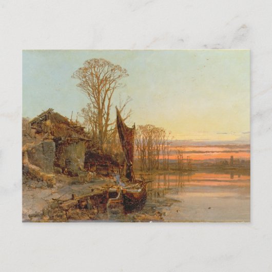 夕日に荒廃したコテージの風景， 1898 ポストカード (正面)