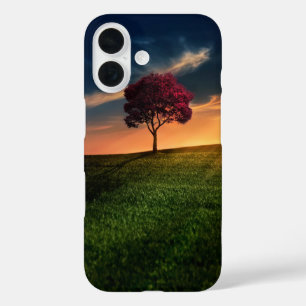 夕日に赤い木が咲く絶景 iPhone 16ケース