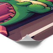 夕日に電車に乗る愛らしい緑の恐竜 ポスター (角)