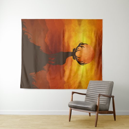 夕日のある山の上に鹿バック タペストリー (インサイチュ(横))