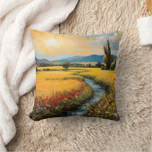 夕日のワイルドフラワーフィールドと流れるストリーム クッション (ブランケット)