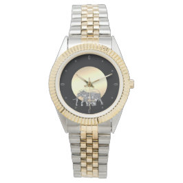 夕日の中で母とベビーゾウ 腕時計