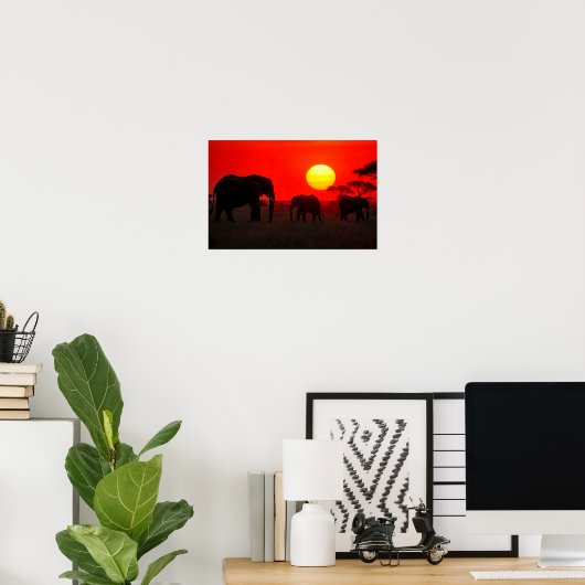 夕日の中の象の家族 ポスター (ホームオフィス)