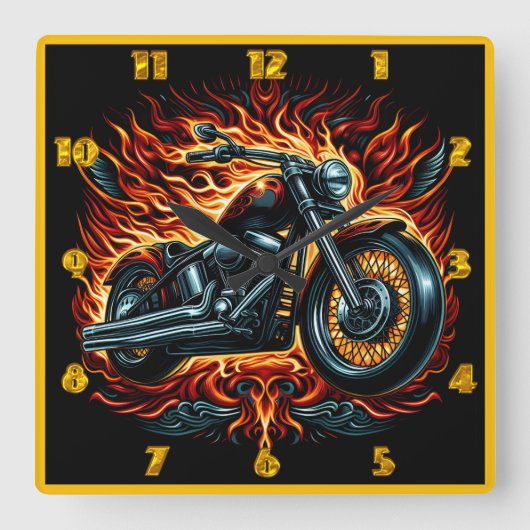 夕日の乗り心地の中で炎を放つ激しいオートバイ スクエア壁時計 (正面)