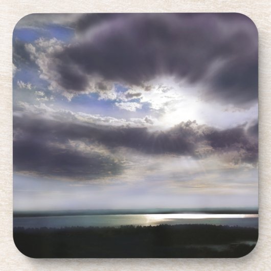 夕日の出の湖畔のスカイライン絵を描海 コースター (正面)