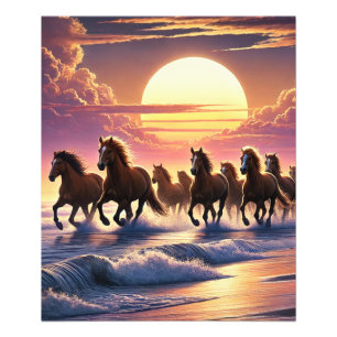 「夕日の地平線に一致する野生の馬 フォトプリント           