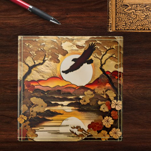 夕日の山と谷の上のイーグルシルエット タイル