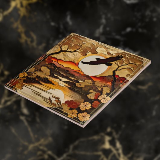 夕日の山と谷の上のイーグルシルエット タイル