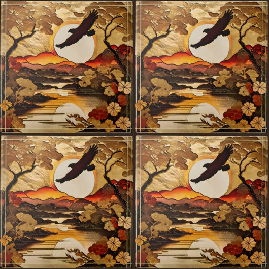 夕日の山と谷の上のイーグルシルエット タイル