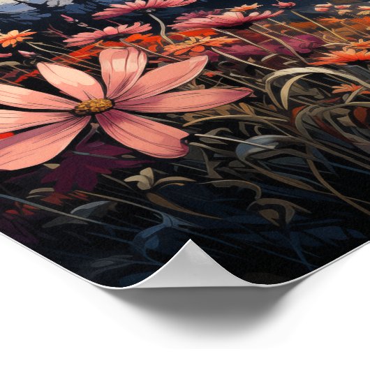 夕日の平安：鮮やか野の花と山 ポスター (角)