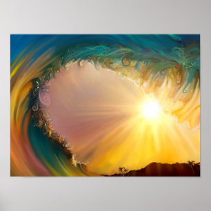 夕日の時に虹の熱帯絵画波に乗る ポスター
