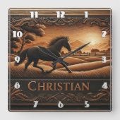 夕日の景勝地に駆ける馬 スクエア壁時計 (正面)