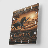 夕日の景勝地に駆ける馬 スクエア壁時計 (傾斜)