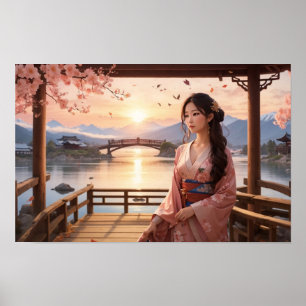 夕日の桜ツリーと美しいアジア人女性 ポスター